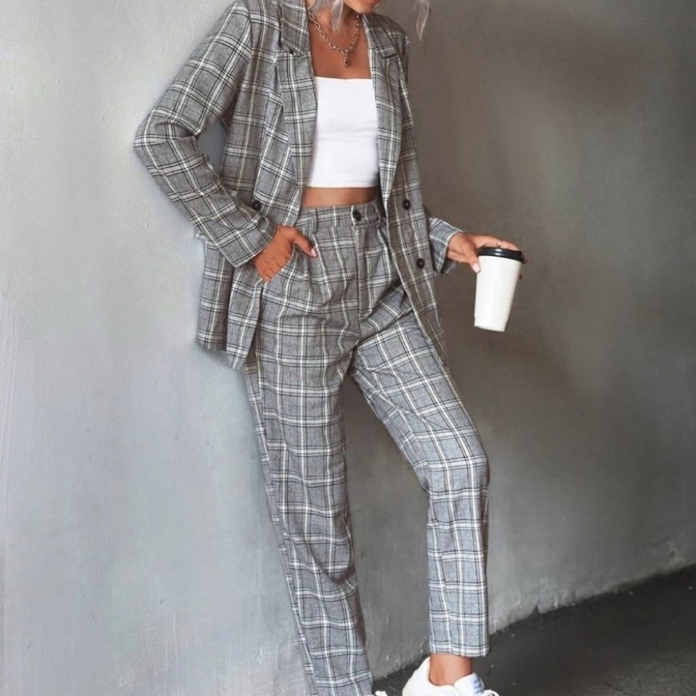 Womens Plaid Double Breasted Blazer And Pants Set
